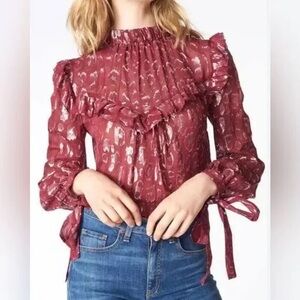 Veronica Beard Brooks Burgundy Metallic Print Silk Blouse Size 0